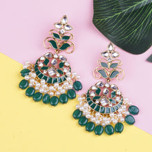Load image into Gallery viewer, Ethnic | Gold Plated Long Earings | Kundan | Chand Ballies | Pearl | Green