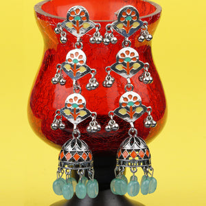 Silver Long Earing | Multi Color | Minakari | 3 Layered | Jhumka