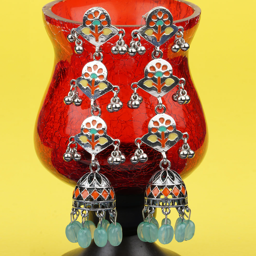 Silver Long Earing | Multi Color | Minakari | 3 Layered | Jhumka