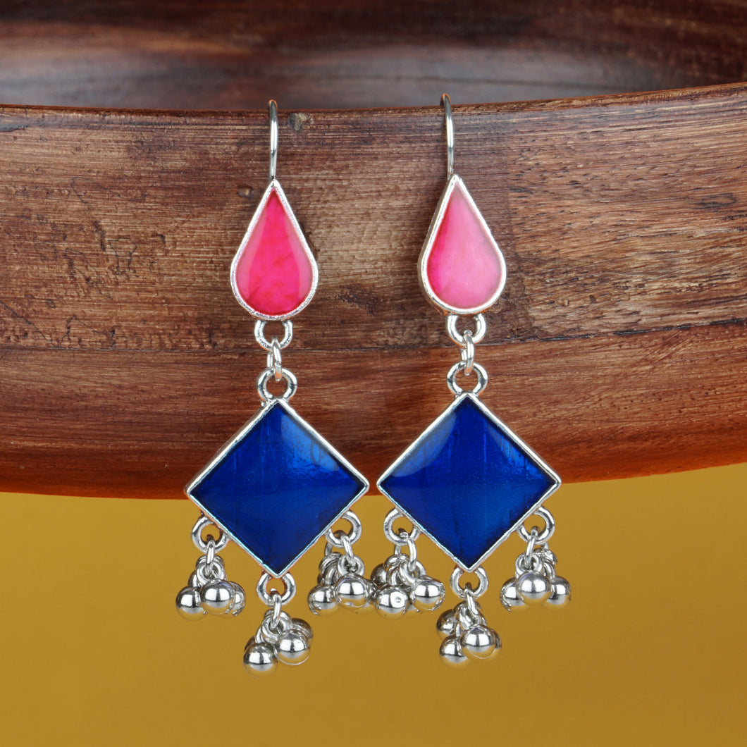 Silver Long Earings | Ethnic | Minakari | Blue | Pink | Hooks