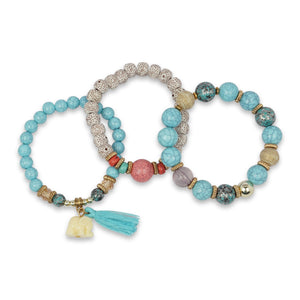 3 LAYERED TURQUOISE MULTICOLORED BRACELET WITH TASSEL AND CHARM