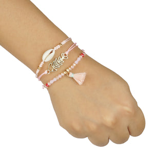 3 LAYERED PINK BEADED BRACELET WITH FISH CHARM
