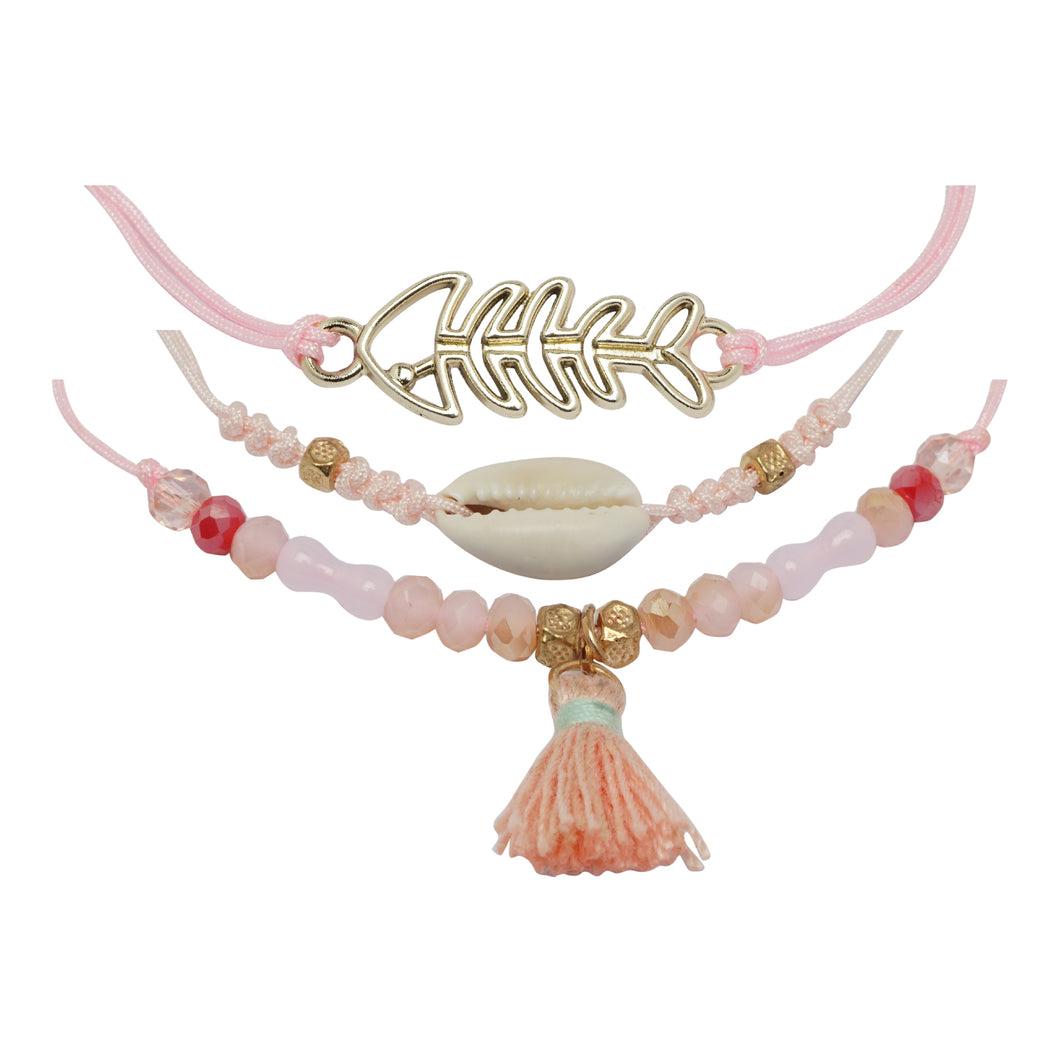 3 LAYERED PINK BEADED BRACELET WITH FISH CHARM