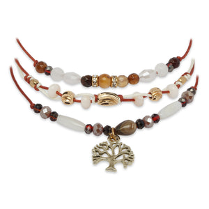 BROWN 3 LAYERED BRACELET WITH FLOWER CHARM