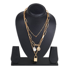 Load image into Gallery viewer, Classy 3 Layered Golden Necklace With Lock And Heart Charms