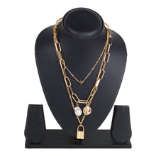Load image into Gallery viewer, Classy 3 Layered Golden Necklace With Lock And Heart Charms
