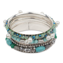 Load image into Gallery viewer, Bunch of gorgeous silver bangles with blue rocks, crystals beads and pearls