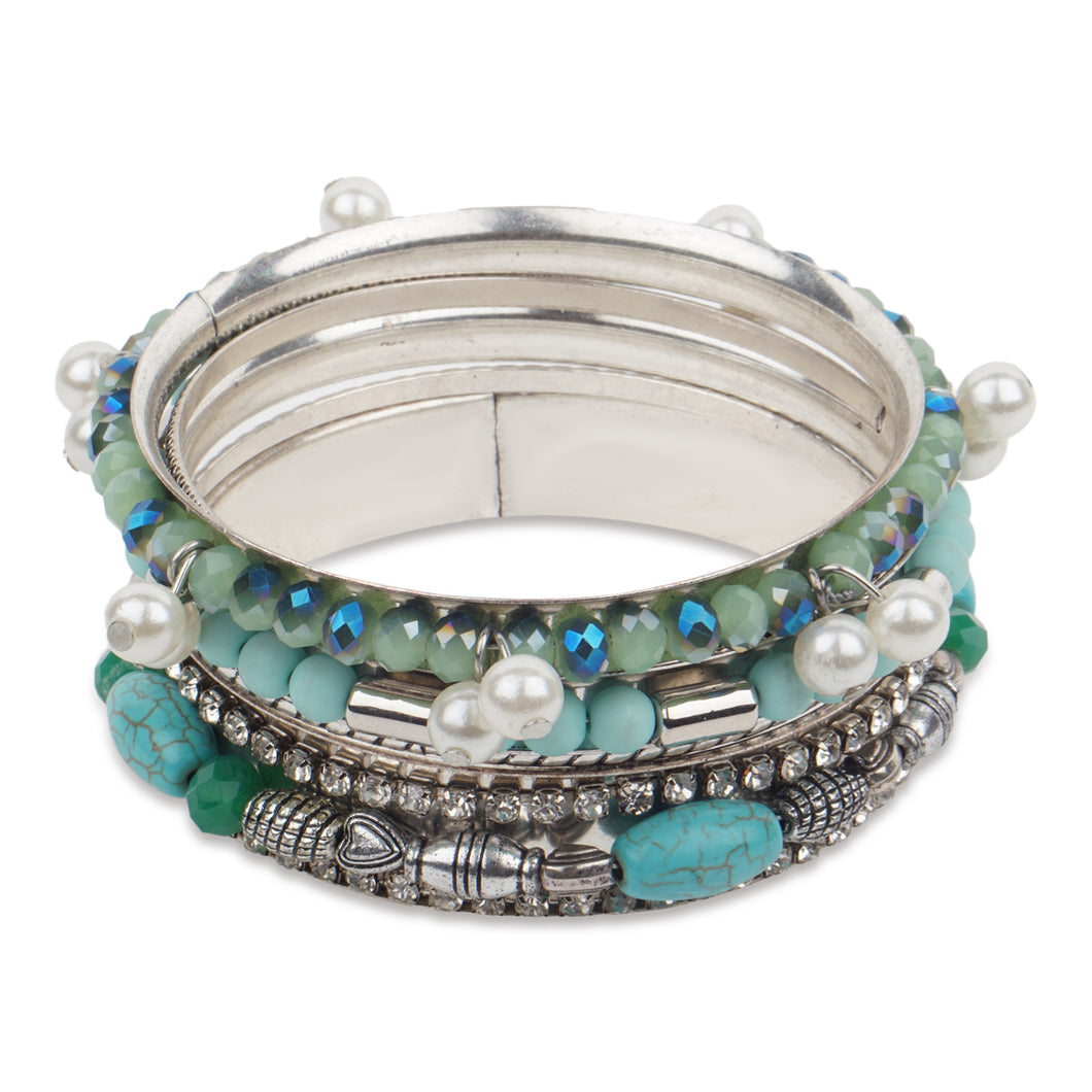 Bunch of gorgeous silver bangles with blue rocks, crystals beads and pearls