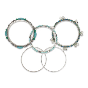 Bunch of gorgeous silver bangles with blue rocks, crystals beads and pearls