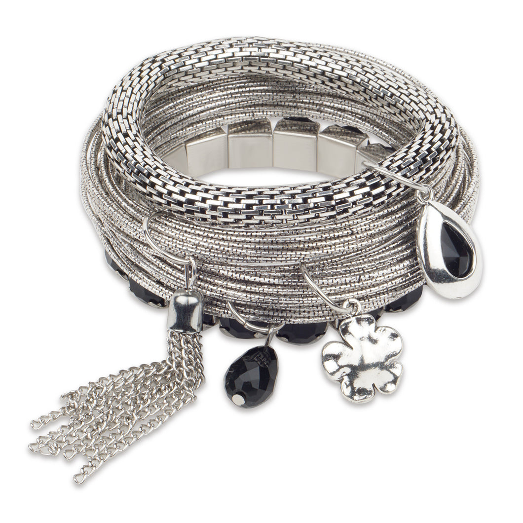 Bunch of chunky silver bangles with dangling crystals and chains