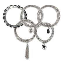 Load image into Gallery viewer, Bunch of chunky silver bangles with dangling crystals and chains