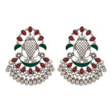 Load image into Gallery viewer, Silver Earing | Multicolor | Minakari | Chand Ballies | Ghungroo | Green