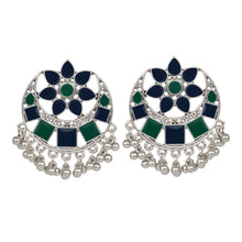 Load image into Gallery viewer, Ethnic | Silver Earings | Chand Ballies | Green | Navy | Minakari Design | Flower