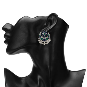 Ethnic | Silver Earings | Chand Ballies | Green | Navy | Minakari Design | Flower