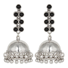 Load image into Gallery viewer, Silver Long Earings | Jhumka | Stones | Black