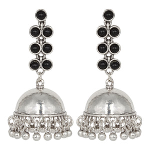 Silver Long Earings | Jhumka | Stones | Black