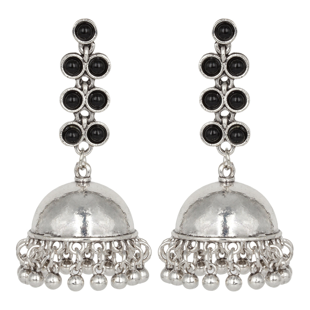 Silver Long Earings | Jhumka | Stones | Black