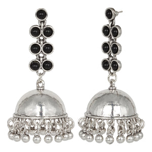 Silver Long Earings | Jhumka | Stones | Black