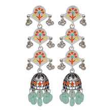 Load image into Gallery viewer, Silver Long Earing | Multi Color | Minakari | 3 Layered | Jhumka