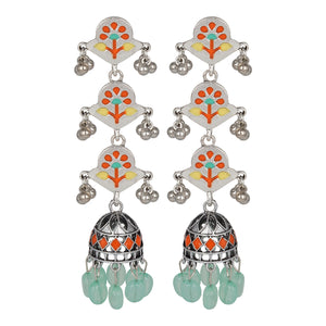 Silver Long Earing | Multi Color | Minakari | 3 Layered | Jhumka