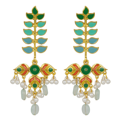 Gold Long Earings | Multicolor | Minakari | Pearl | Aqua