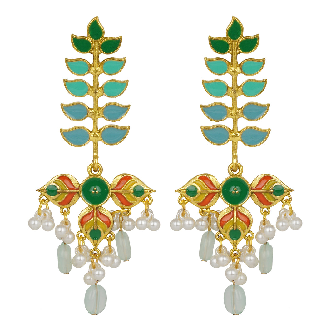 Gold Long Earings | Multicolor | Minakari | Pearl | Aqua