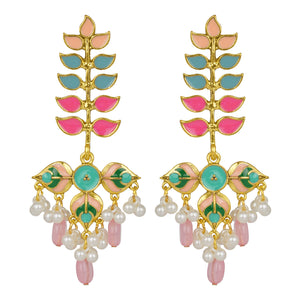 Gold Long Earings | Multicolor | Minakari | Pearl | Pink