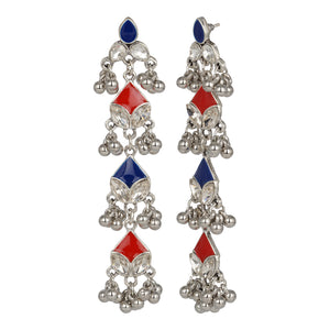 Silver Long Earing | Multi Color | Minakari | 4 Layered | Danglers