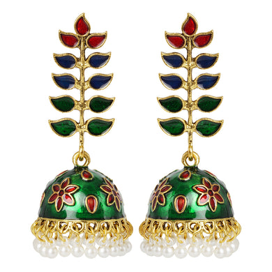 Golden Long Earings | Minakari | Multicolor |  Jhumka | Pearl | Green