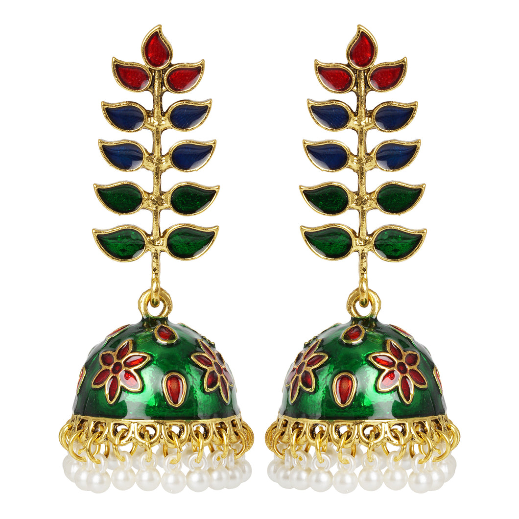 Golden Long Earings | Minakari | Multicolor |  Jhumka | Pearl | Green