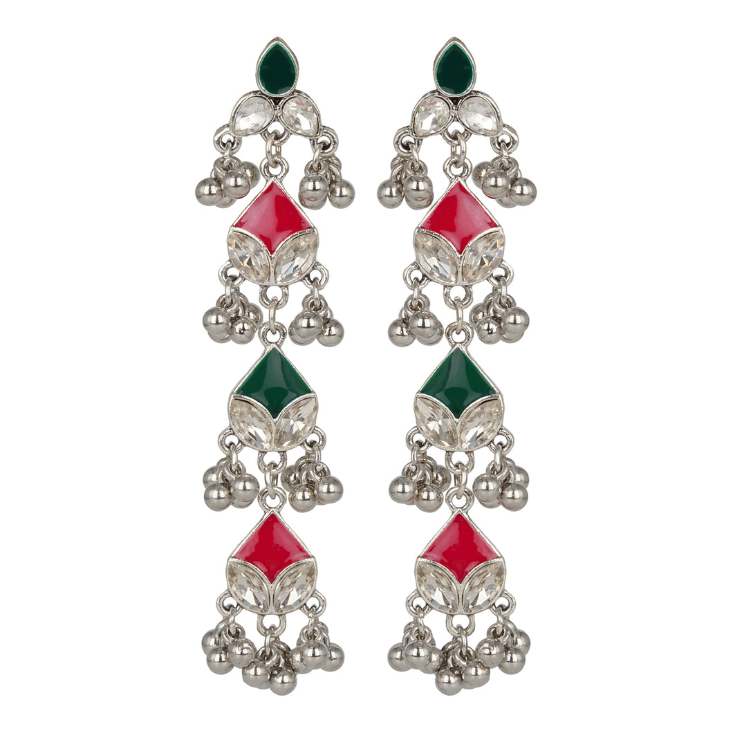 Silver Long Earing | Multi Color | Minakari | 4 Layered | Danglers| Pink
