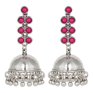 Silver Long Earings | Jhumka | Stones | Pink