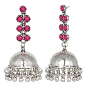 Silver Long Earings | Jhumka | Stones | Pink
