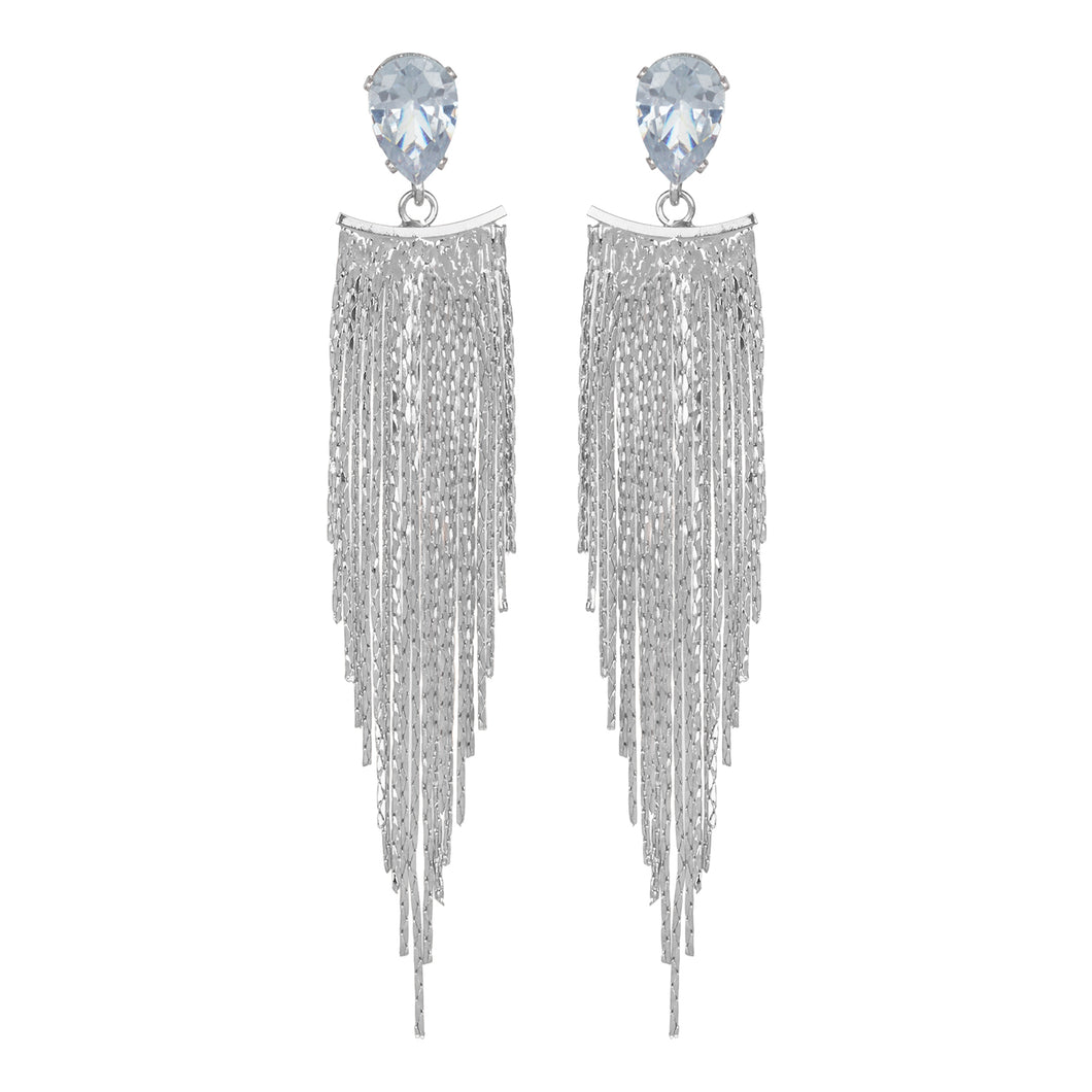 Silver Long Earings | Chains | Tear Drop | CZ Stone | Victorian