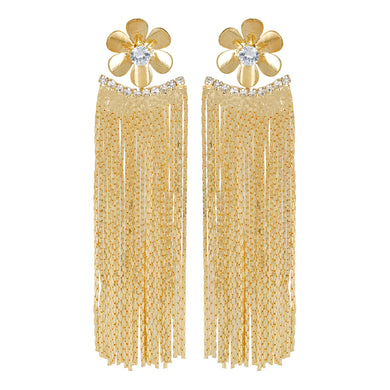 Golden Long Earrings | Chains Danglers |Metal Flower | CZ Stone
