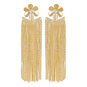 Golden Long Earrings | Chains Danglers |Metal Flower | CZ Stone