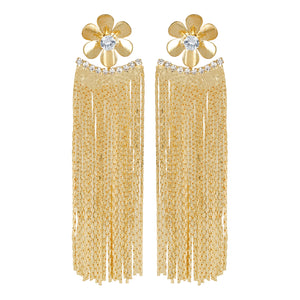 Golden Long Earrings | Chains Danglers |Metal Flower | CZ Stone