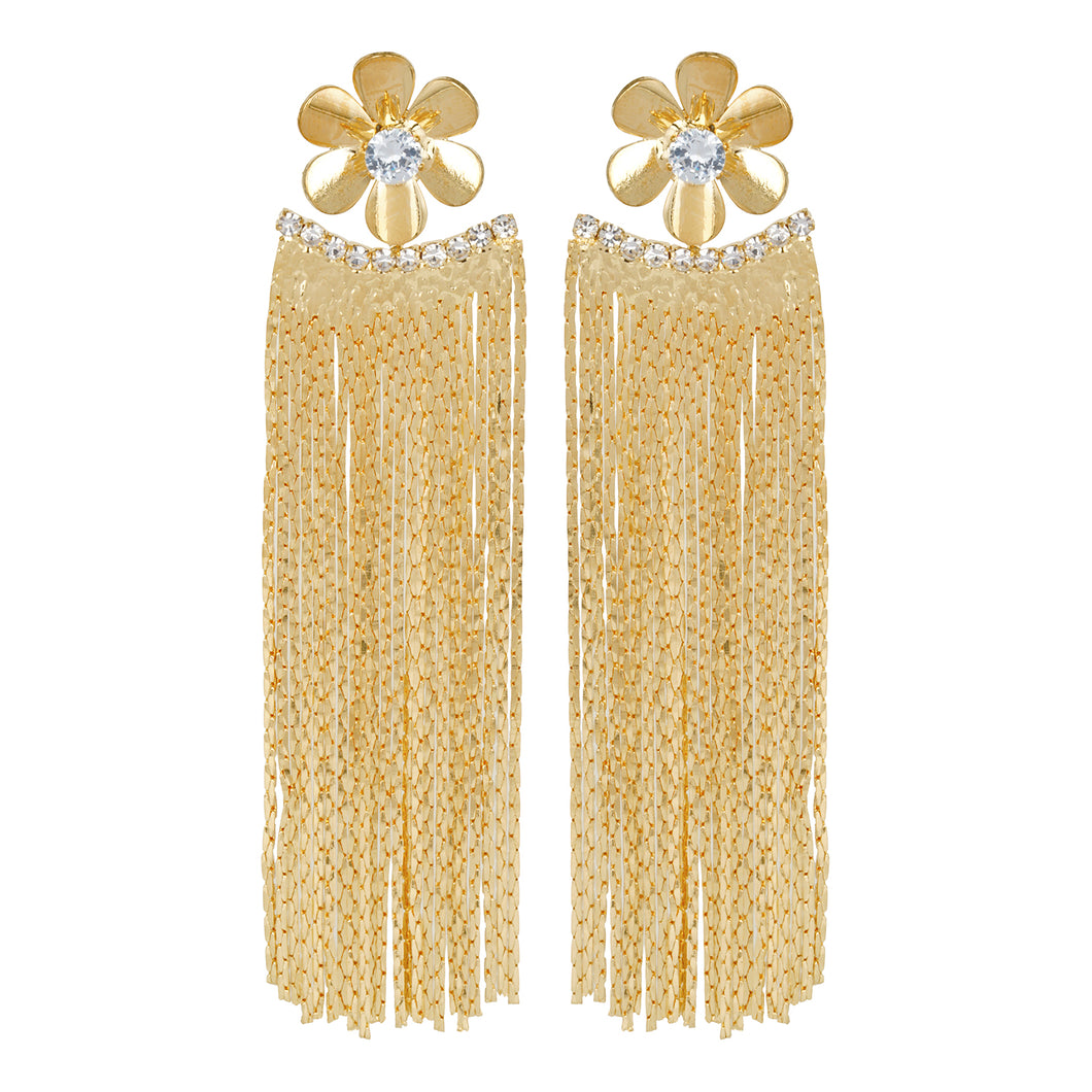 Golden Long Earrings | Chains Danglers |Metal Flower | CZ Stone