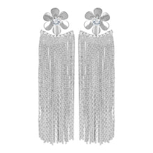 Load image into Gallery viewer, Silver Long Earrings | Chains Danglers | Metal Flower |CZ Stone