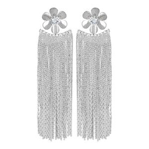 Silver Long Earrings | Chains Danglers | Metal Flower |CZ Stone