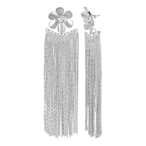Silver Long Earrings | Chains Danglers | Metal Flower |CZ Stone