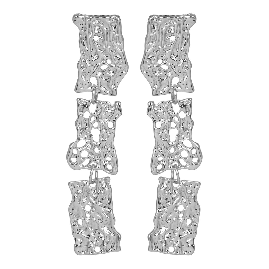 Silver Toned | Long Earings | 3 - Layered | Paneled | Carved