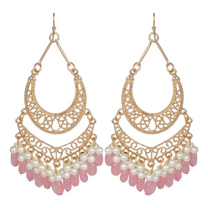 Ethnic | Gold Plated Long Earings | Chand Ballies | Pearl | Pink