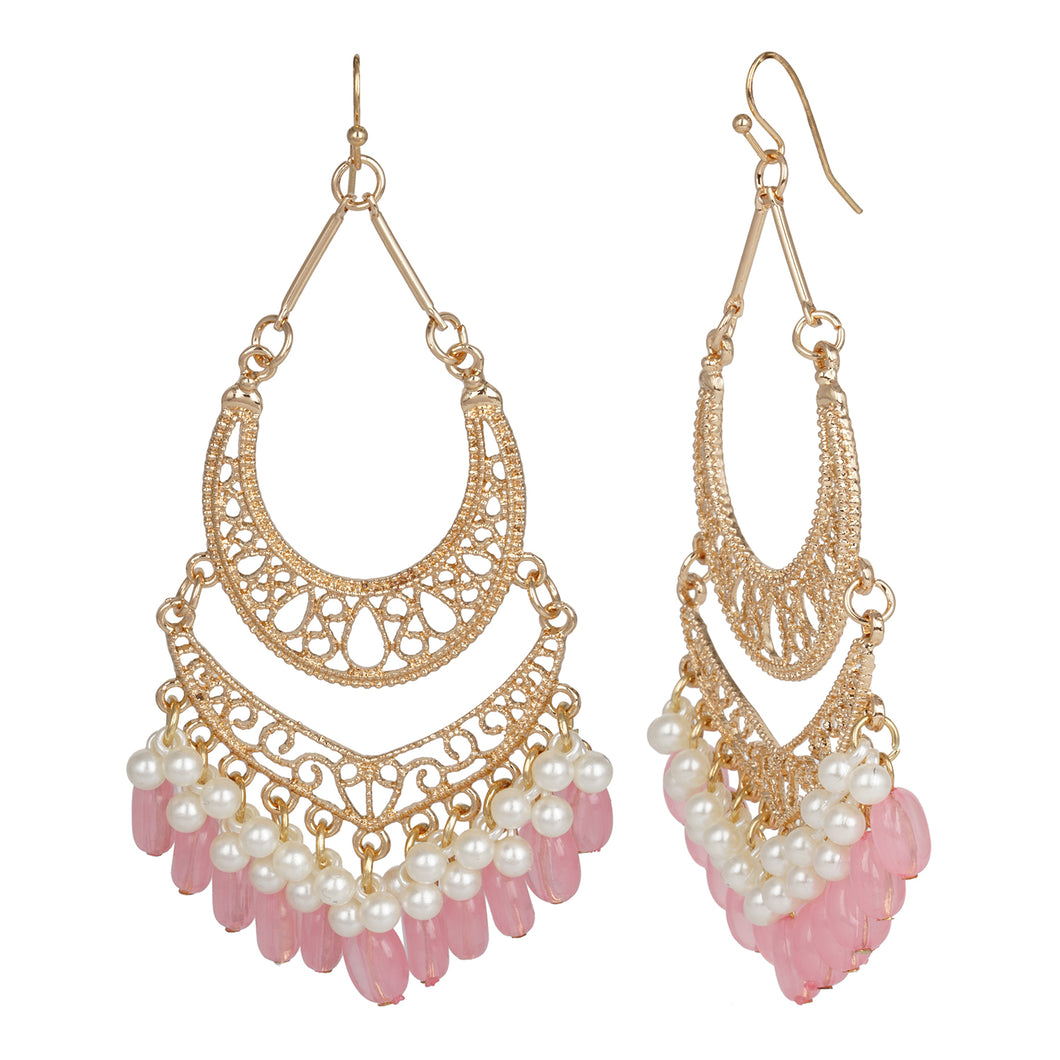 Ethnic | Gold Plated Long Earings | Chand Ballies | Pearl | Pink