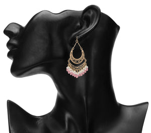 Ethnic | Gold Plated Long Earings | Chand Ballies | Pearl | Pink