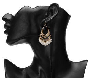 Ethnic | Gold Plated Long Earings | Chand Ballies | Pearl | White