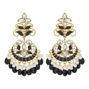Ethnic | Gold Plated Long Earings | Kundan | Chand Ballies | Pearl | Black