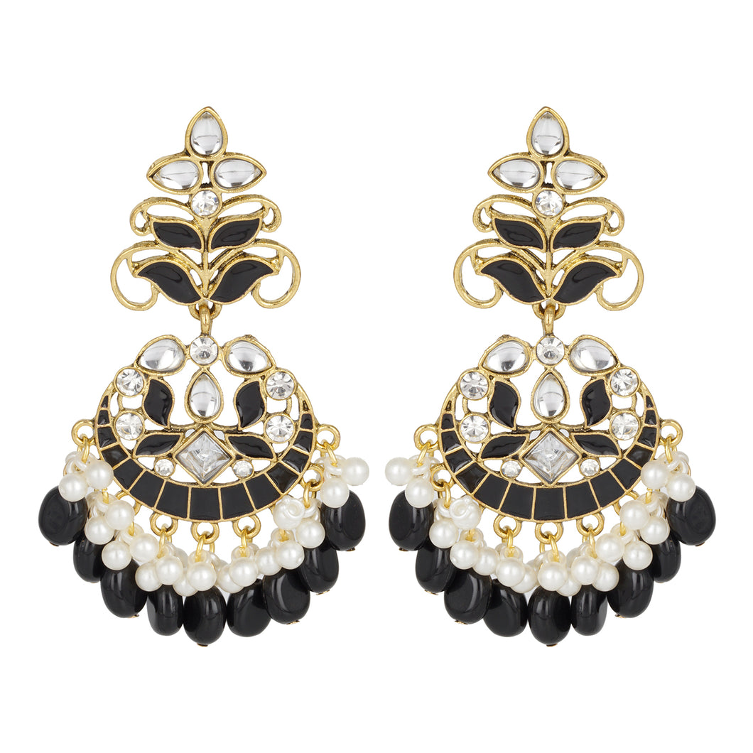 Ethnic | Gold Plated Long Earings | Kundan | Chand Ballies | Pearl | Black