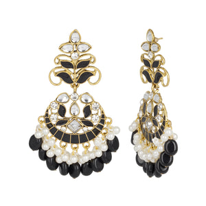 Ethnic | Gold Plated Long Earings | Kundan | Chand Ballies | Pearl | Black