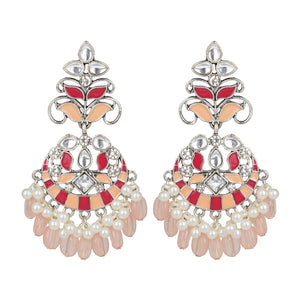 Ethnic | Gold Plated Long Earings | Kundan | Chand Ballies | Pearl | Peach | Pink